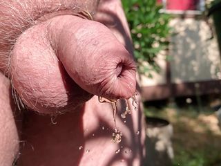 Uncut Cock Pissing Through Wet Foreskin In The Garden